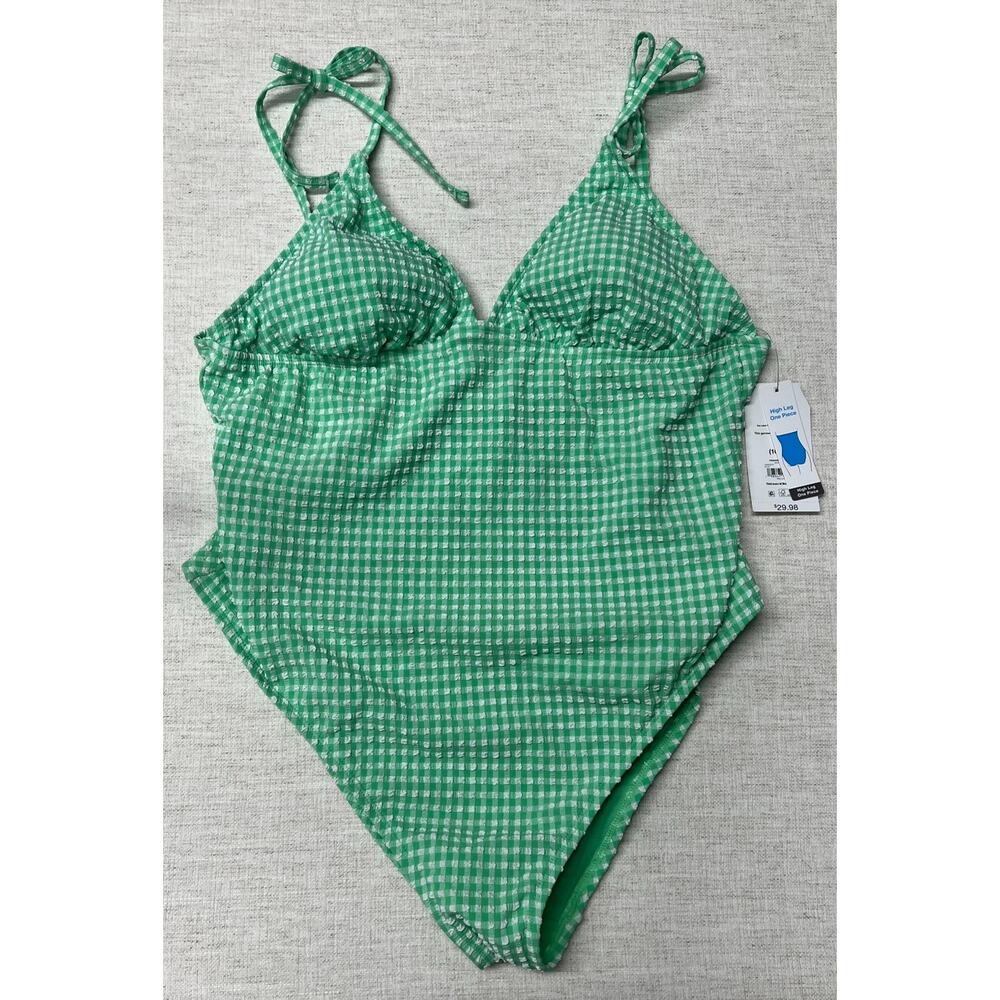 Time & Tru Green Gingham High-Leg One-Piece Swimsuit- Women's L (12-14)